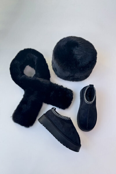 SET2032 Siyah Bilek Boy Bot - Kürklü Şapka - Şal Üçlü Set