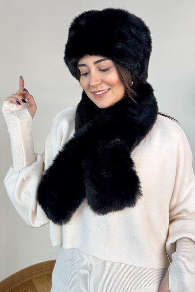 SET2032 Siyah Bilek Boy Bot - Kürklü Şapka - Şal Üçlü Set (1)