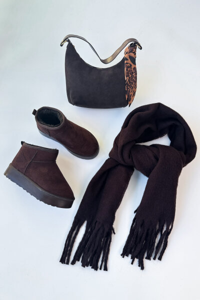 SET2033 Acı Kahve Orta Boy Bot - Fularlı Çanta - Şal Üçlü Set 