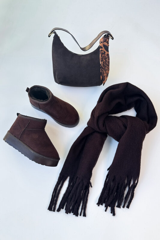 SET2033 Acı Kahve Orta Boy Bot - Fularlı Çanta - Şal Üçlü Set - 1