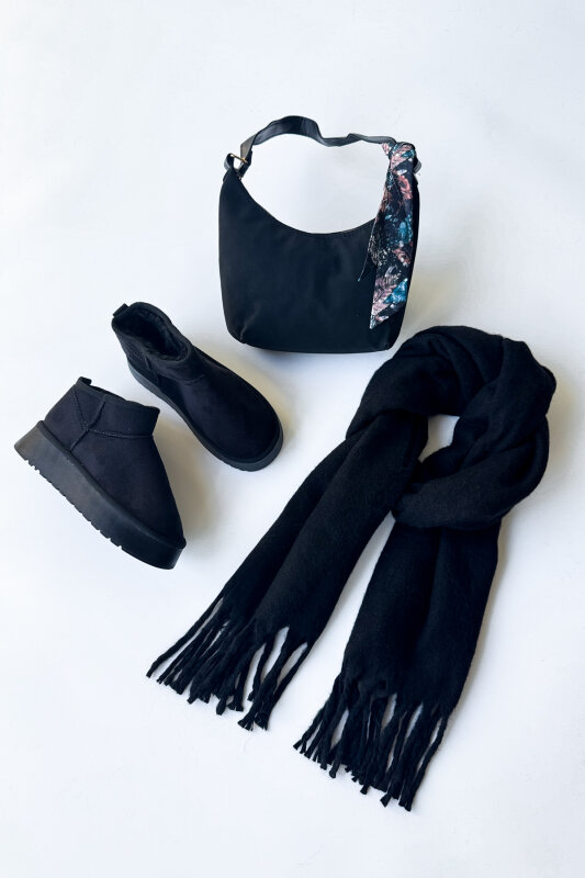 SET2033 Siyah Orta Boy Bot - Fularlı Çanta - Şal Üçlü Set - 1