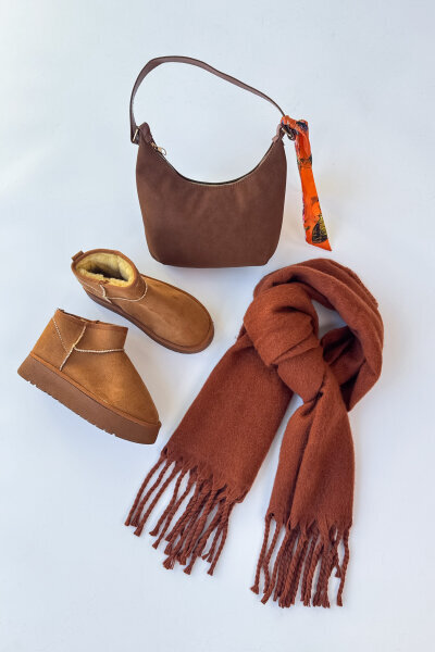 SET2033 Taba Orta Boy Bot - Fularlı Çanta - Şal Üçlü Set 