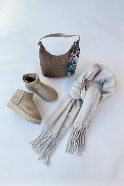 SET2033 Taş Rengi Orta Boy Bot - Fularlı Çanta - Şal Üçlü Set - 1