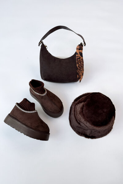 SET2034 Acı Kahve Örgü Bilek Bot - Fularlı Çanta - Kürklü Şapka Üçlü Set  