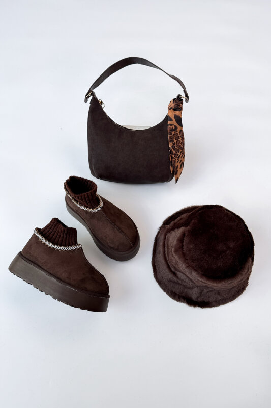 SET2034 Acı Kahve Örgü Bilek Bot - Fularlı Çanta - Kürklü Şapka Üçlü Set  - 1