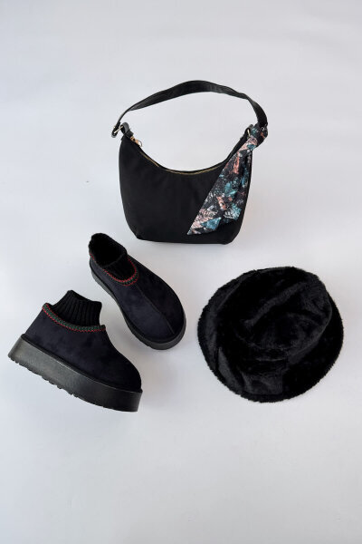 SET2034 Siyah Örgü Bilek Bot - Fularlı Çanta - Kürklü Şapka Üçlü Set 