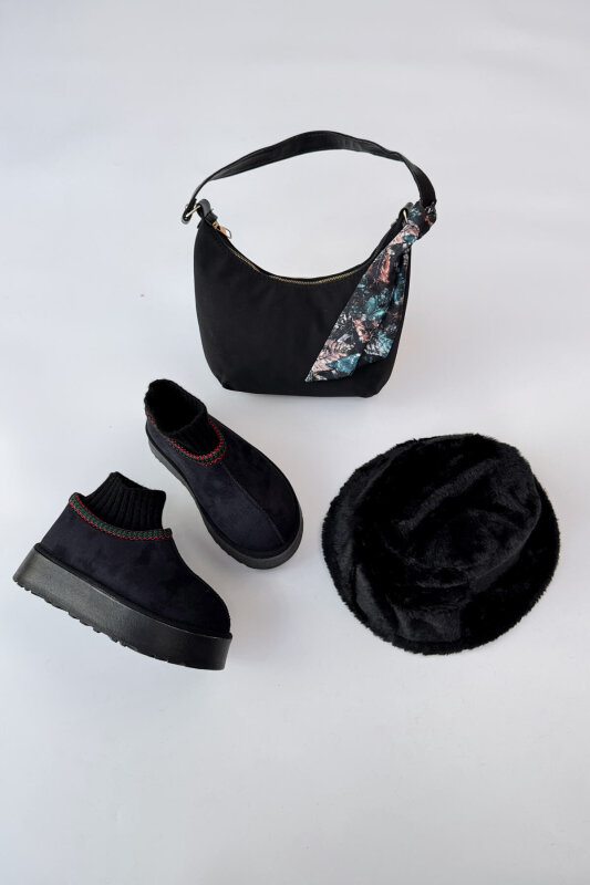 SET2034 Siyah Örgü Bilek Bot - Fularlı Çanta - Kürklü Şapka Üçlü Set - 1