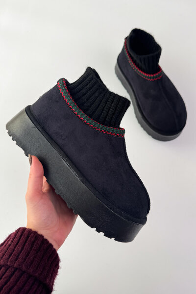 SET2034 Siyah Örgü Bilek Bot - Fularlı Çanta - Kürklü Şapka Üçlü Set - 3