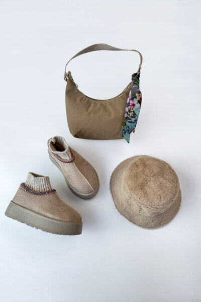 SET2034 Vizon Örgü Bilek Bot - Fularlı Çanta - Kürklü Şapka Üçlü Set 