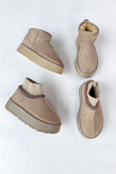 SET2035 Taş Rengi Örgü Bilek - Orta Boy İkili Bot Seti