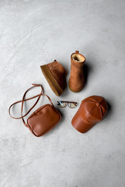 SET2036 Taba Orta Boy Bot - Deri Şapka - Çanta - Gözlük Dörtlü Set