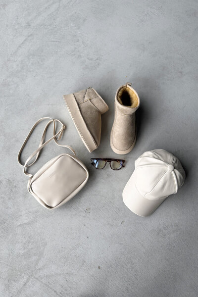 SET2036 Taş Rengi Orta Boy Bot - Deri Şapka - Çanta - Gözlük Dörtlü Set