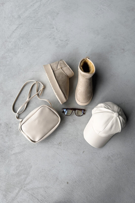 SET2036 Taş Rengi Orta Boy Bot - Deri Şapka - Çanta - Gözlük Dörtlü Set - 1