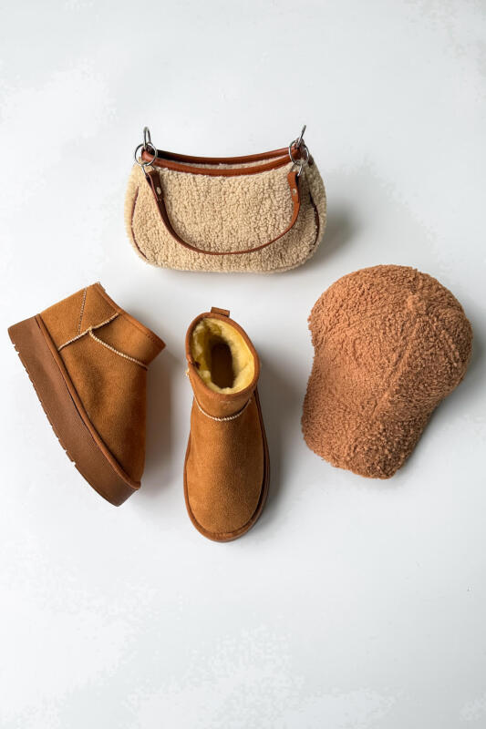 SET2037 Taba Orta Boy Bot - Mini Çanta - Kürklü Cap Üçlü Set - 1