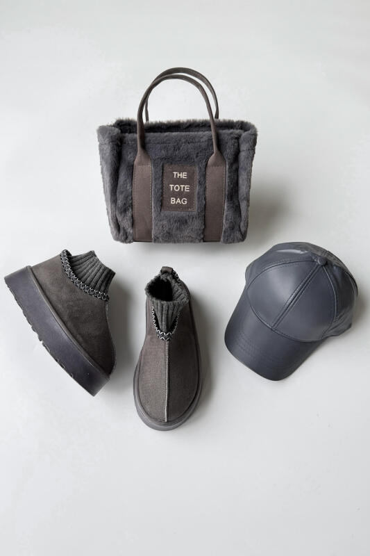 SET2038 Füme Örgü Bilek Bot - Tote Çanta - Deri Capp Üçlü Set - 1