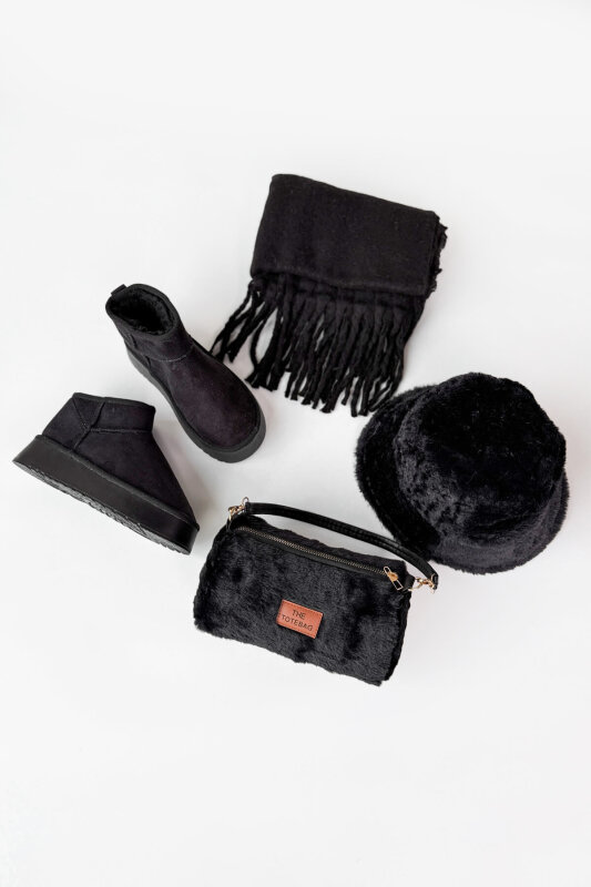 SET2039 Siyah Orta Boy Bot-Çanta-Şapka-Şal Dörtlü Kürklü Set - 1