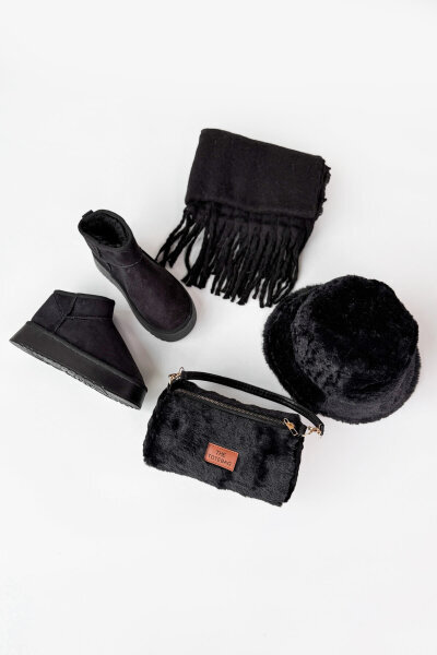 SET2039 Siyah Orta Boy Bot-Çanta-Şapka-Şal Dörtlü Kürklü Set