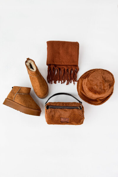 SET2039 Taba Orta Boy Bot-Çanta-Şapka-Şal Dörtlü Kürklü Set