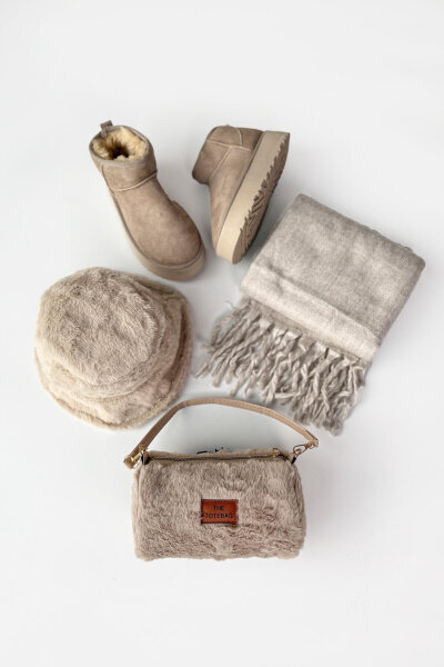 SET2039 Taş Rengi Orta Boy Bot-Çanta-Şapka-Şal Dörtlü Kürklü Set 