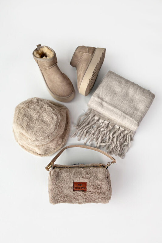 SET2039 Taş Rengi Orta Boy Bot-Çanta-Şapka-Şal Dörtlü Kürklü Set - 1
