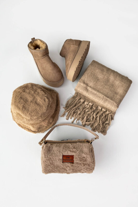 SET2039 Vizon Orta Boy Bot-Çanta-Şapka-Şal Dörtlü Kürklü Set  - 1