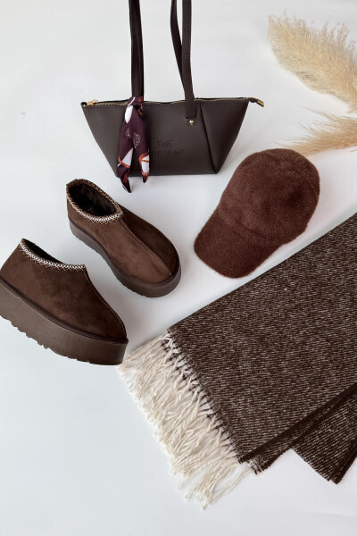 SET2040 Acı Kahve Bilek Boy Bot-Cap-Çanta-Şal Dörtlü Set 