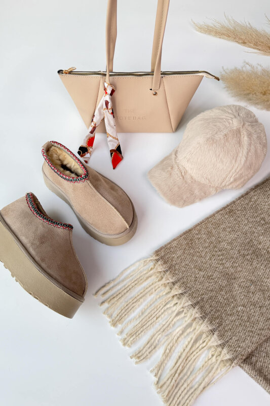 SET2040 Taş Rengi Bilek Boy Bot-Cap-Çanta-Şal Dörtlü Set - 1