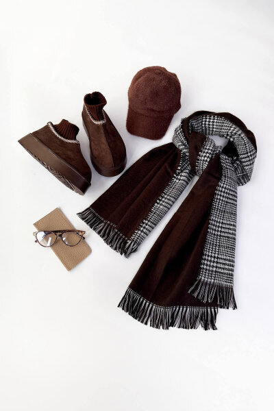 SET2041 Acı Kahve Örgü Bilek Bot-Cap-Şal-Gözlük Dörtlü Set