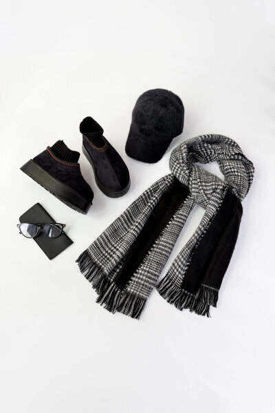 SET2041 Siyah Örgü Bilek Bot-Cap-Şal-Gözlük Dörtlü Set