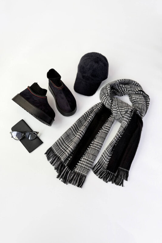 SET2041 Siyah Örgü Bilek Bot-Cap-Şal-Gözlük Dörtlü Set - 1