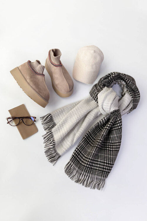 SET2041 Taş Rengi Örgü Bilek Bot-Cap-Şal-Gözlük Dörtlü Set