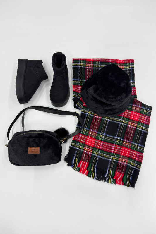 SET2042 Siyah Orta Boy Bot-Şapka-Çanta-Şal Kürklü Dörtlü Set - 1