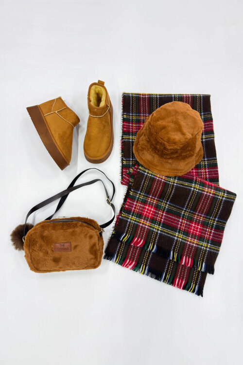 SET2042 Taba Orta Boy Bot-Şapka-Çanta-Şal Kürklü Dörtlü Set