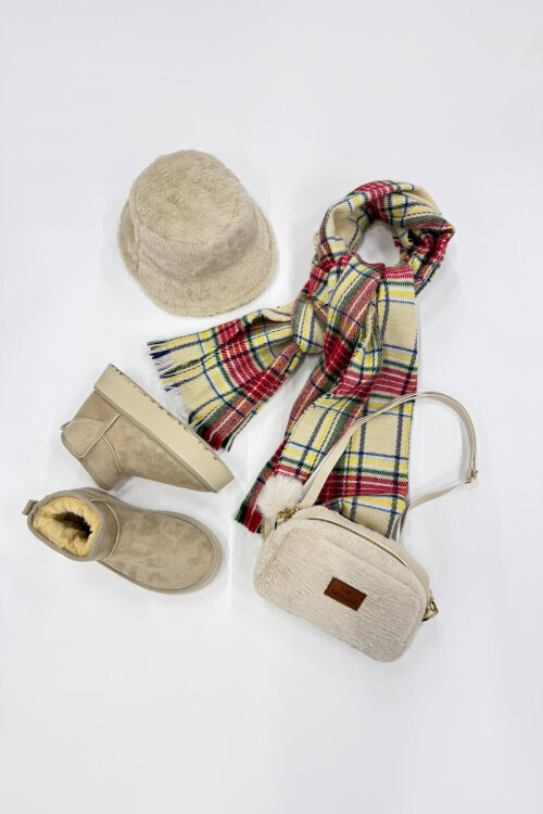 SET2042 Taş Rengi Orta Boy Bot-Şapka-Çanta-Şal Kürklü Dörtlü Set