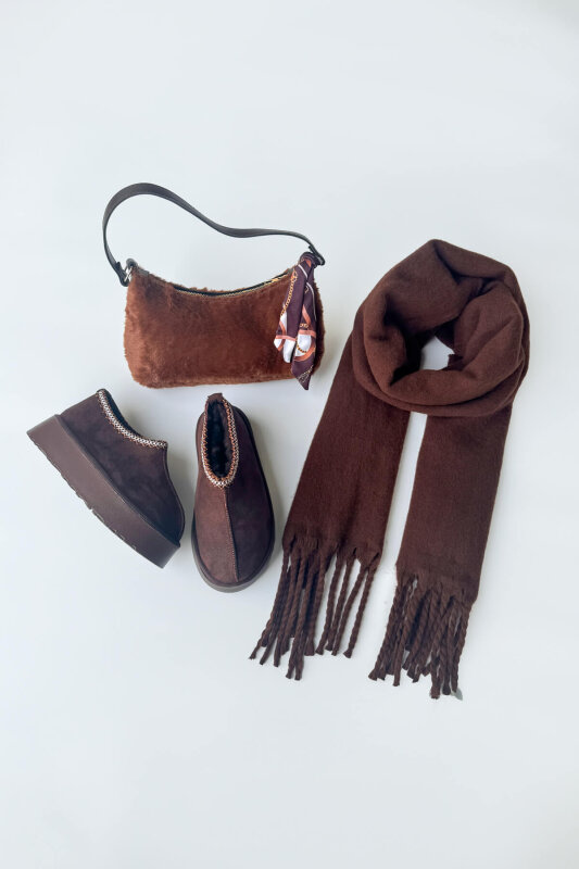 SET2043 Acı Kahve Bilek Boy Bot-Kürklü Çanta-Şal Üçlü Set - 1