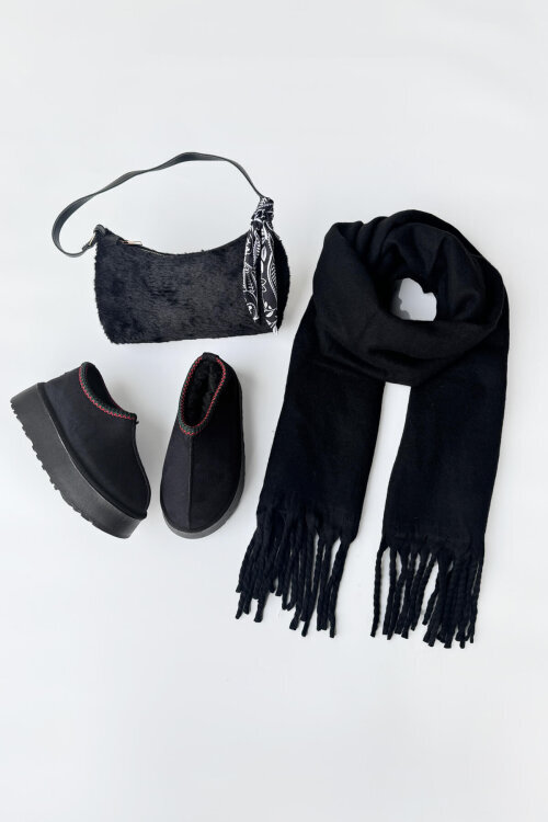 SET2043 Siyah Bilek Boy Bot-Kürklü Çanta-Şal Üçlü Set - 1