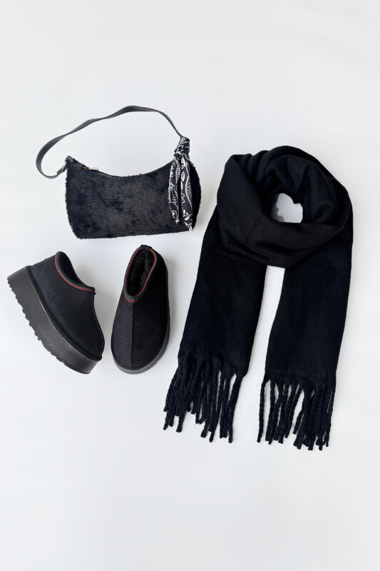 SET2043 Siyah Bilek Boy Bot-Kürklü Çanta-Şal Üçlü Set - 1