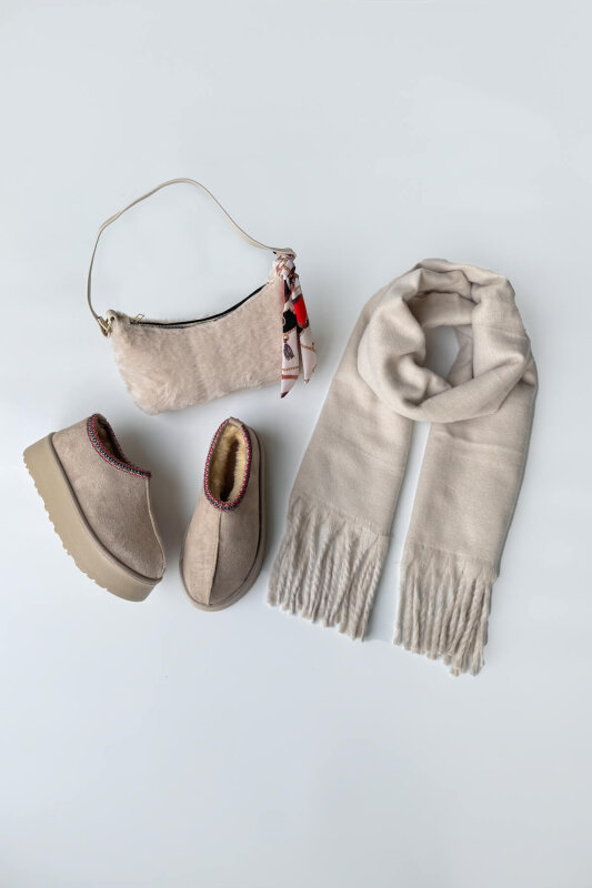 SET2043 Taş Rengi Bilek Boy Bot-Kürklü Çanta-Şal Üçlü Set - 1