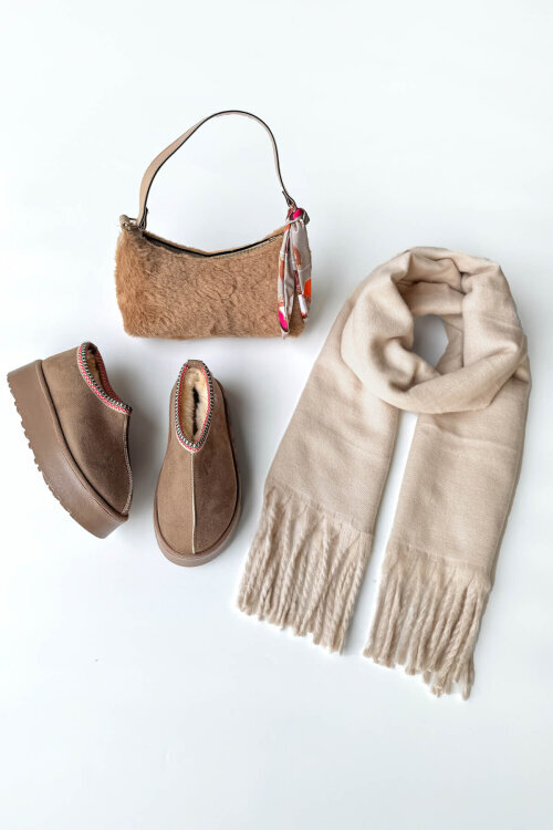 SET2043 Vizon Bilek Boy Bot-Kürklü Çanta-Şal Üçlü Set 