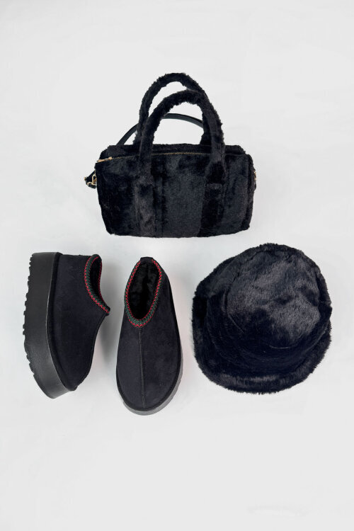 SET2044 Siyah Bilek Boy Bot-Şapka-Çanta Kürklü Üçlü Set 