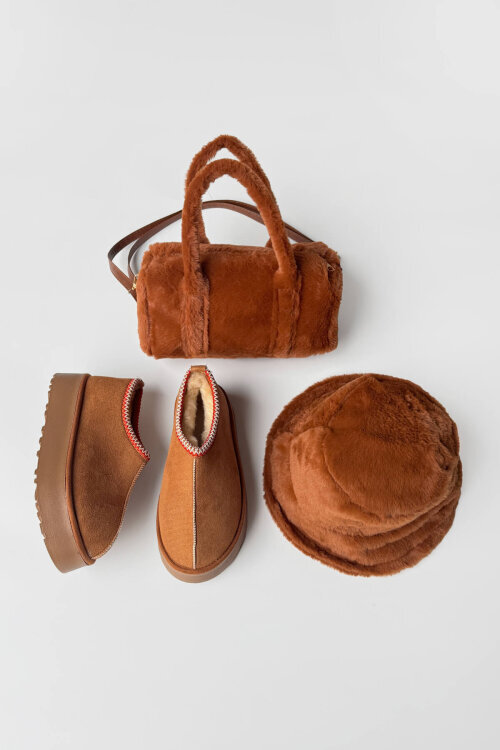 SET2044 Taba Bilek Boy Bot-Şapka-Çanta Kürklü Üçlü Set 