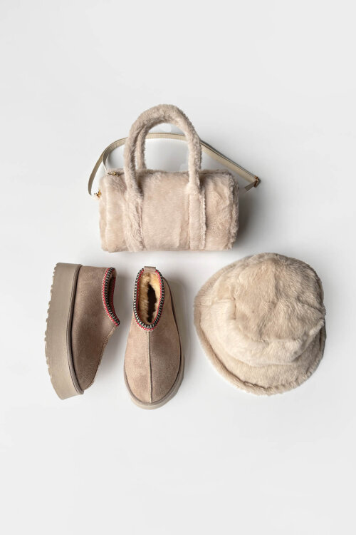 SET2044 Taş Bilek Boy Bot-Şapka-Çanta Kürklü Üçlü Set