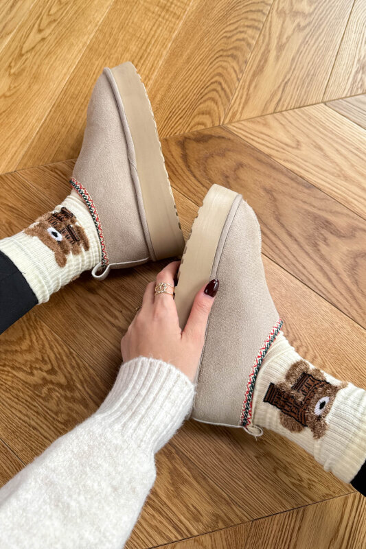 SET2044 Taş Bilek Boy Bot-Şapka-Çanta Kürklü Üçlü Set - 5