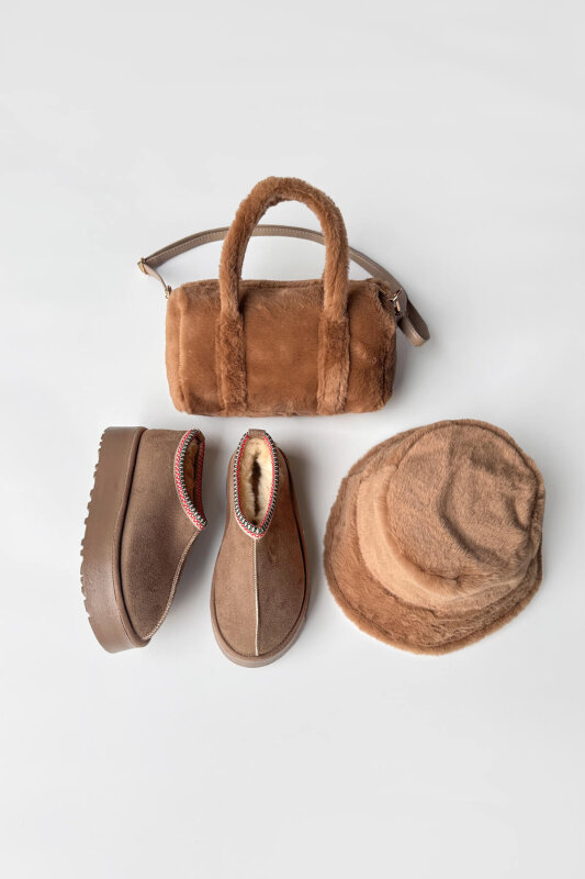 SET2044 Vizon Bilek Boy Bot-Şapka-Çanta Kürklü Üçlü Set - 1