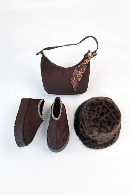 SET2045 Acı Kahve Bilek Boy Bot-Bucket Şapka-Çanta Üçlü Set