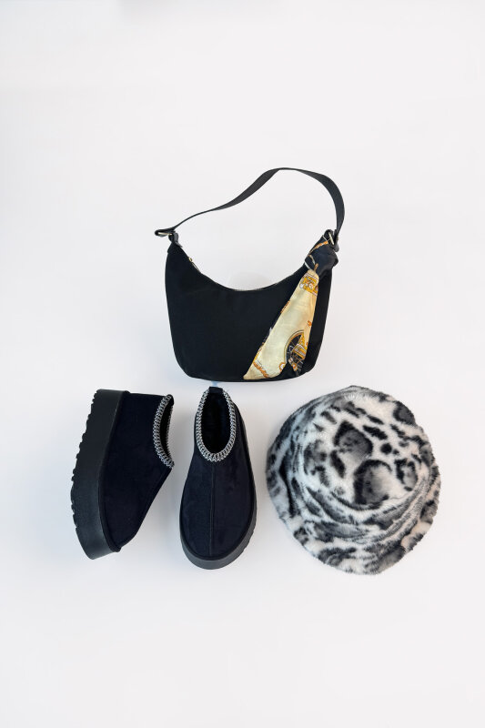 SET2045 Siyah Bilek Boy Bot-Bucket Şapka-Çanta Üçlü Set - 1