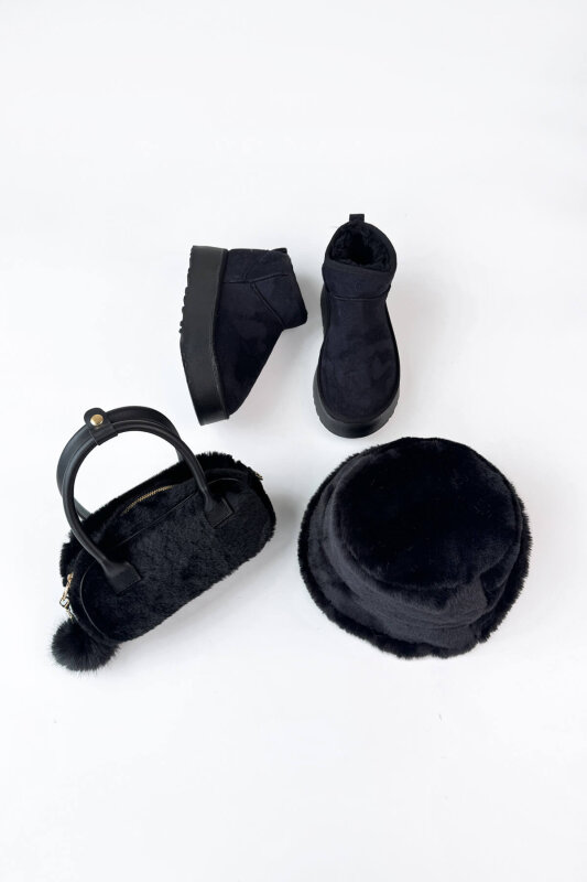 SET2046 Siyah Orta Boy Bot-Ponponlu Çanta-Bucket Şapka Üçlü Set - 1