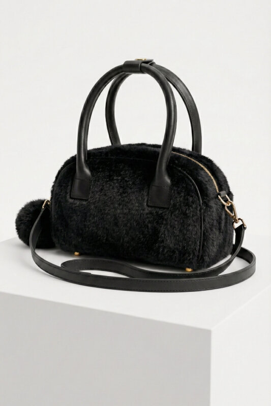 SET2046 Siyah Orta Boy Bot-Ponponlu Çanta-Bucket Şapka Üçlü Set - 3