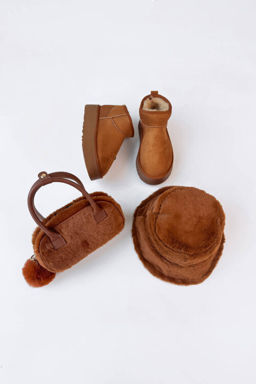 SET2046 Taba Orta Boy Bot-Ponponlu Çanta-Bucket Şapka Üçlü Set