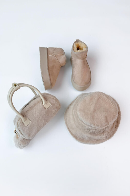 SET2046 Taş Rengi Orta Boy Bot-Ponponlu Çanta-Bucket Şapka Üçlü Set - 1